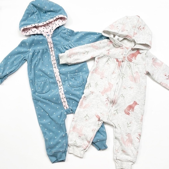 Carter's fox print fleece zip up jumpsuits with hoods - Picture 1 of 5